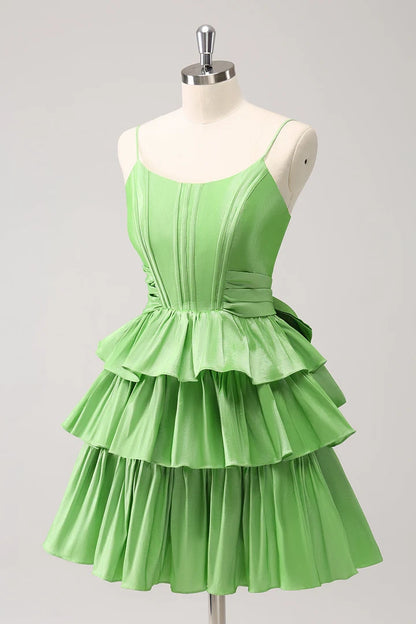 OKBBN Cute A-line Thin Shoulder Strap Waist Layered Ruffle Edges Homecoming Dresses