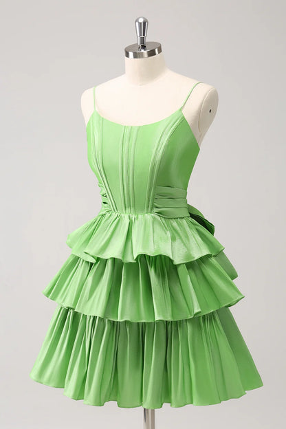OKBBN Cute A-line Thin Shoulder Strap Waist Layered Ruffle Edges Homecoming Dresses