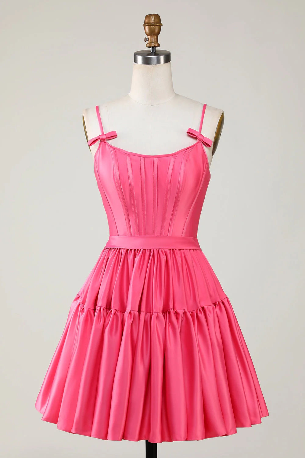 OKBBN Cute A-line Thin Shoulder Strap Waist Ruffle Bow Homecoming Dresses