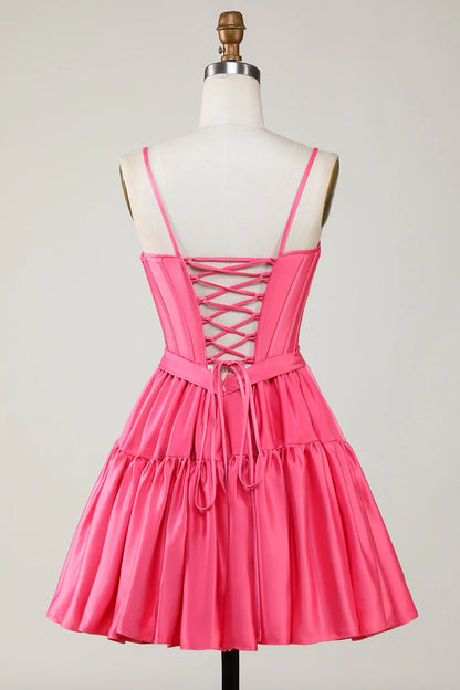 OKBBN Cute A-line Thin Shoulder Strap Waist Ruffle Bow Homecoming Dresses