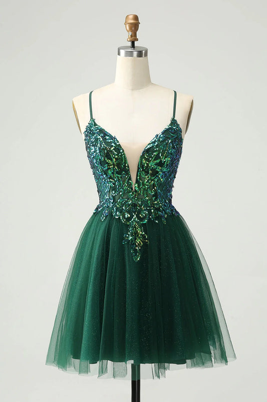OKBBN Cute A-line V-neck sequin decal short Homecoming Dresses