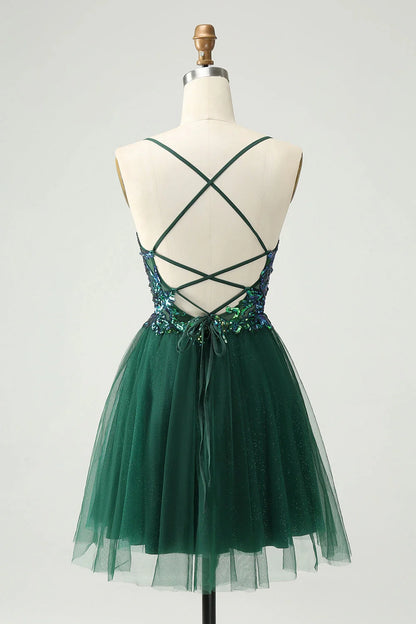 OKBBN Cute A-line V-neck sequin decal short Homecoming Dresses