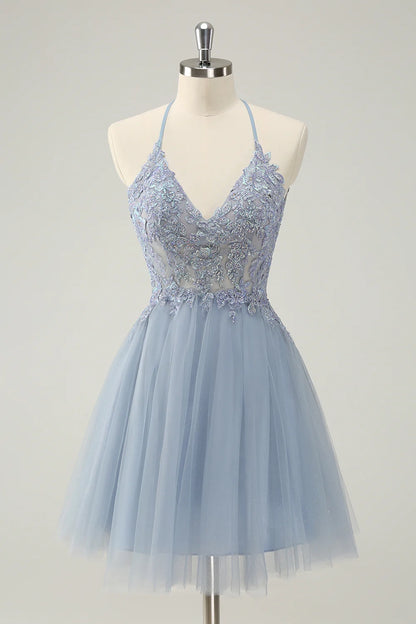 OKBBN Cute Decal A-line Thin Strap Beaded Short Homecoming Dresses