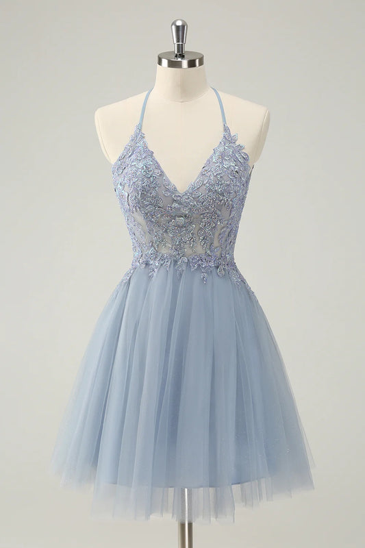 OKBBN Cute Decal A-line Thin Strap Beaded Short Homecoming Dresses
