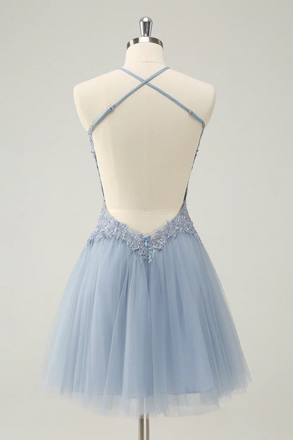 OKBBN Cute Decal A-line Thin Strap Beaded Short Homecoming Dresses