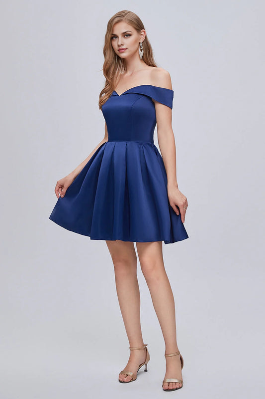 OKBBN Cute Off Shoulder Strap Satin A-line Fully Lined Homecoming Dresses