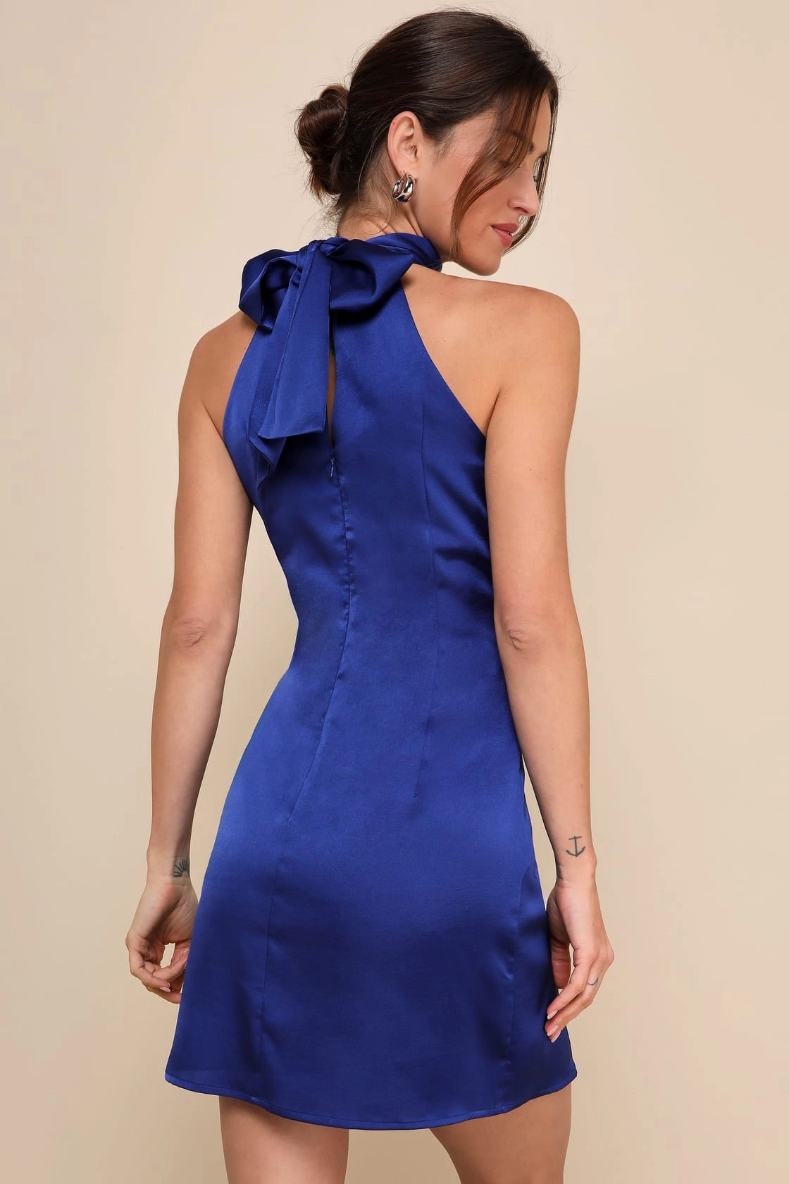 OKBBN Cute Satin Hanging Neck Mini Corset High Neck Lock Hole Hollow Homecoming Dresses