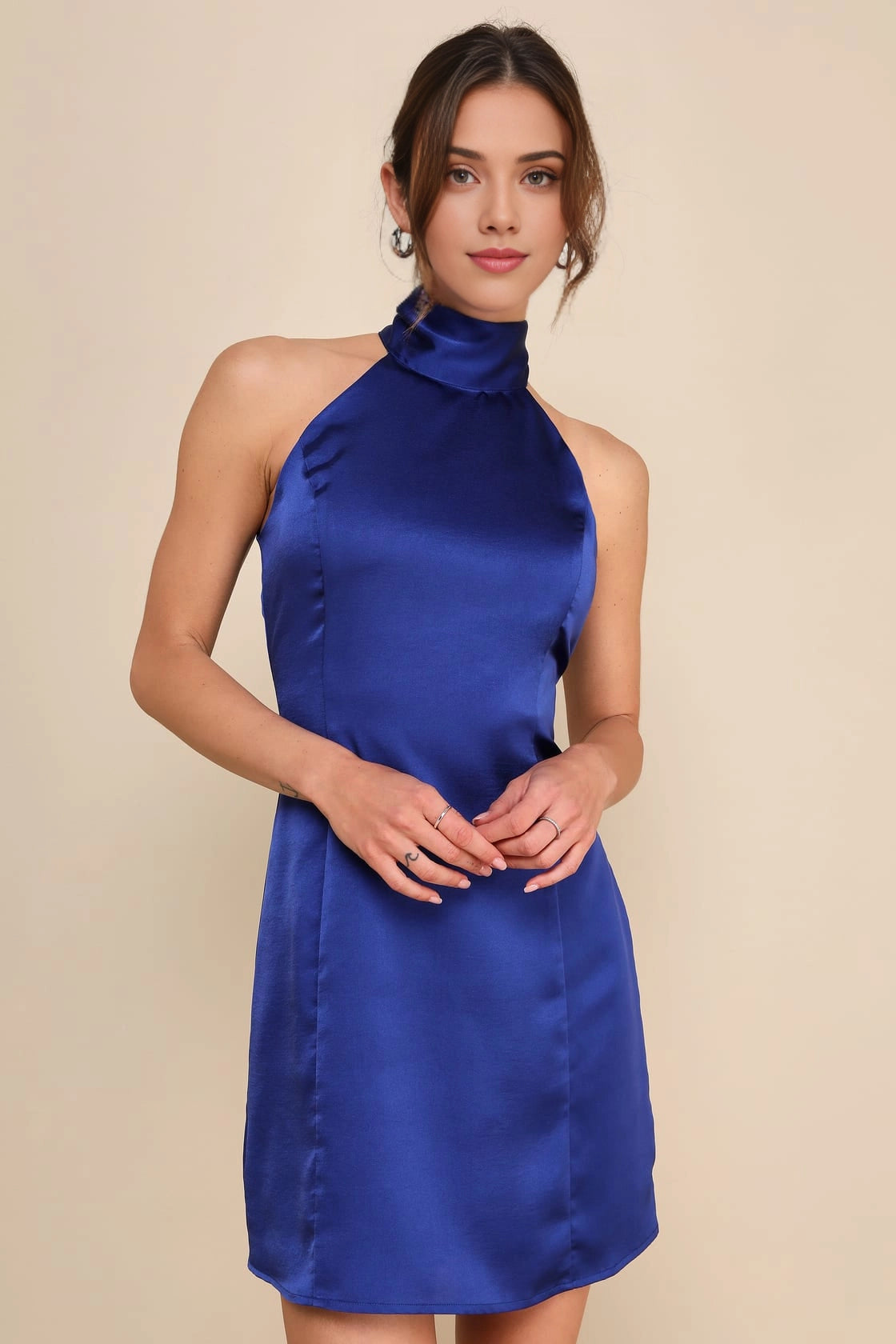 OKBBN Cute Satin Hanging Neck Mini Corset High Neck Lock Hole Hollow Homecoming Dresses