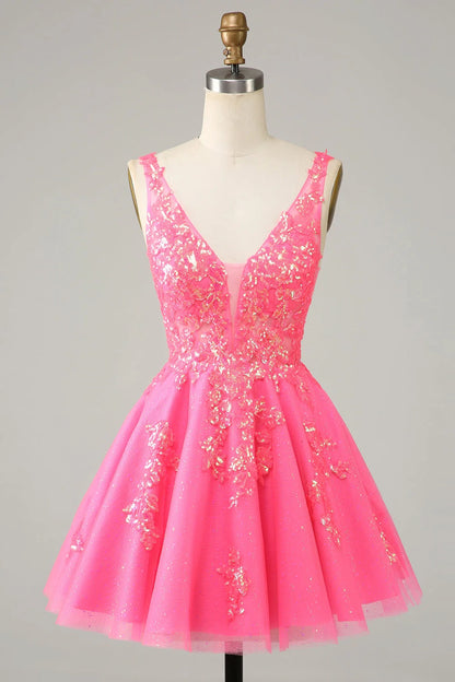 OKBBN Cute Shiny Glitter V-neck Bareback Short Homecoming Dresses