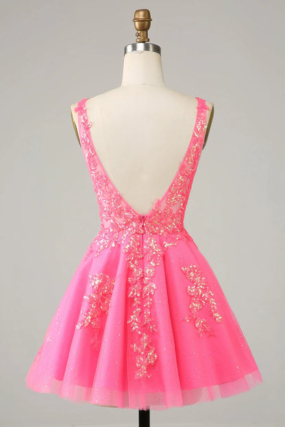 OKBBN Cute Shiny Glitter V-neck Bareback Short Homecoming Dresses