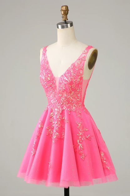 OKBBN Cute Shiny Glitter V-neck Bareback Short Homecoming Dresses