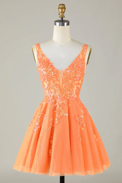 OKBBN Cute Sparkling A-line V-neck Glitter Short Homecoming Dresses