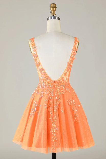OKBBN Cute Sparkling A-line V-neck Glitter Short Homecoming Dresses