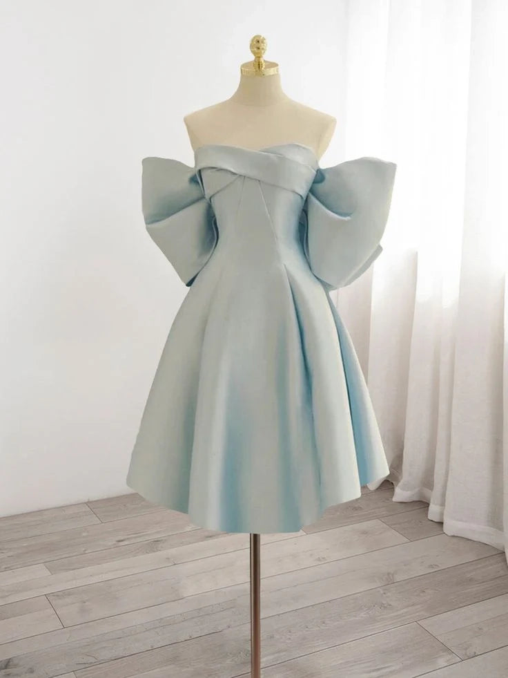 OKBBN Cute Sweetheart Collar Satin Short Off Shoulder Sleeveless Homecoming Dresses