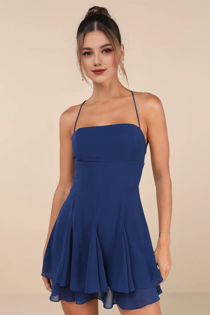 OKBBN Cute Thin Shoulder Strap Fold Stacked Mini Homecoming Dresses