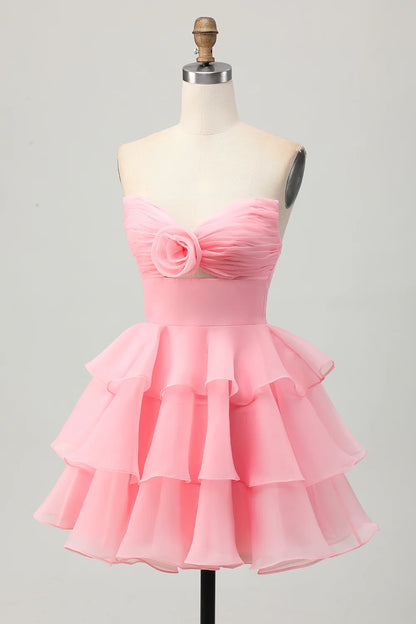 OKBBN Elegant A-line Layered Off Shoulder Hollow Short Homecoming Dresses