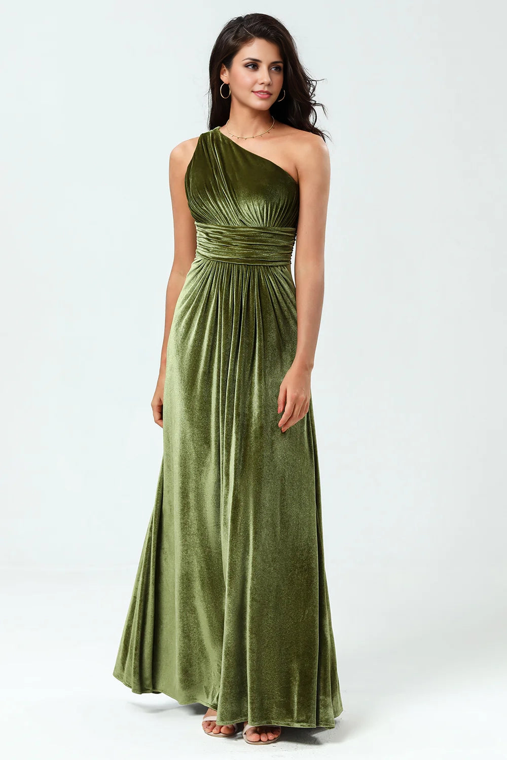 OKBBN Elegant A-line Single Shoulder Ruffle Velvet and Bridesmaid Dresses