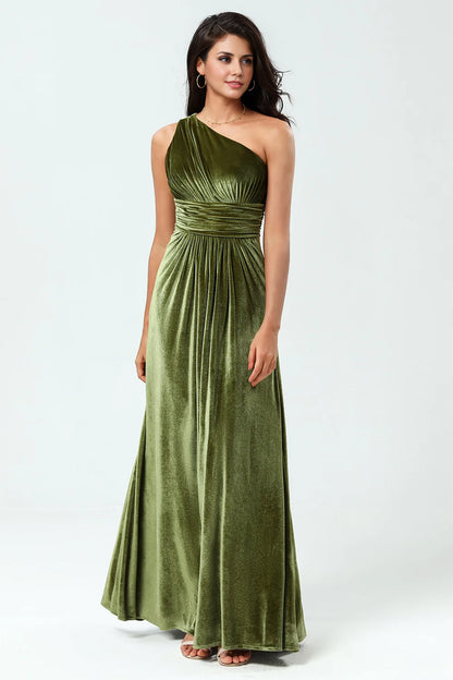 OKBBN Elegant A-line Single Shoulder Ruffle Velvet and Bridesmaid Dresses