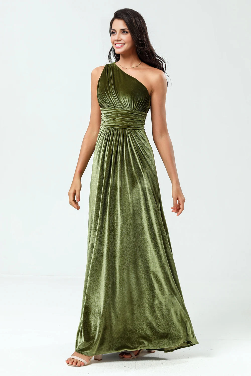 OKBBN Elegant A-line Single Shoulder Ruffle Velvet and Bridesmaid Dresses