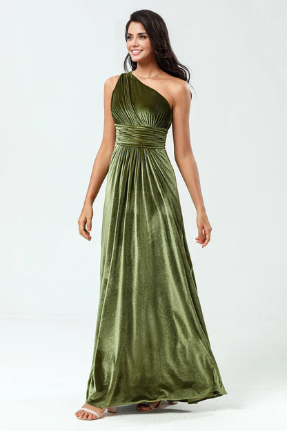 OKBBN Elegant A-line Single Shoulder Ruffle Velvet and Bridesmaid Dresses