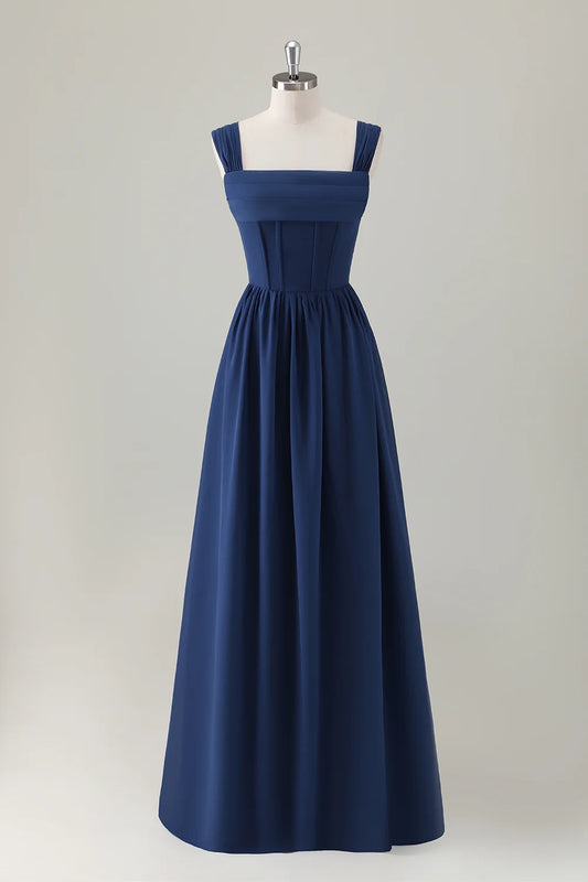 OKBBN Elegant A-line Square Neck Waist Chiffon Long Back Strap Bridesmaid Dresses