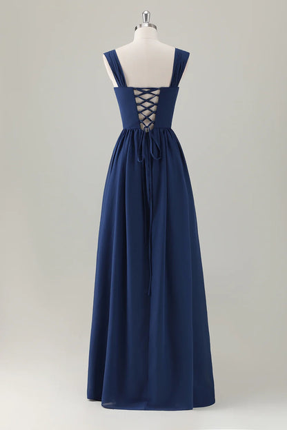 OKBBN Elegant A-line Square Neck Waist Chiffon Long Back Strap Bridesmaid Dresses