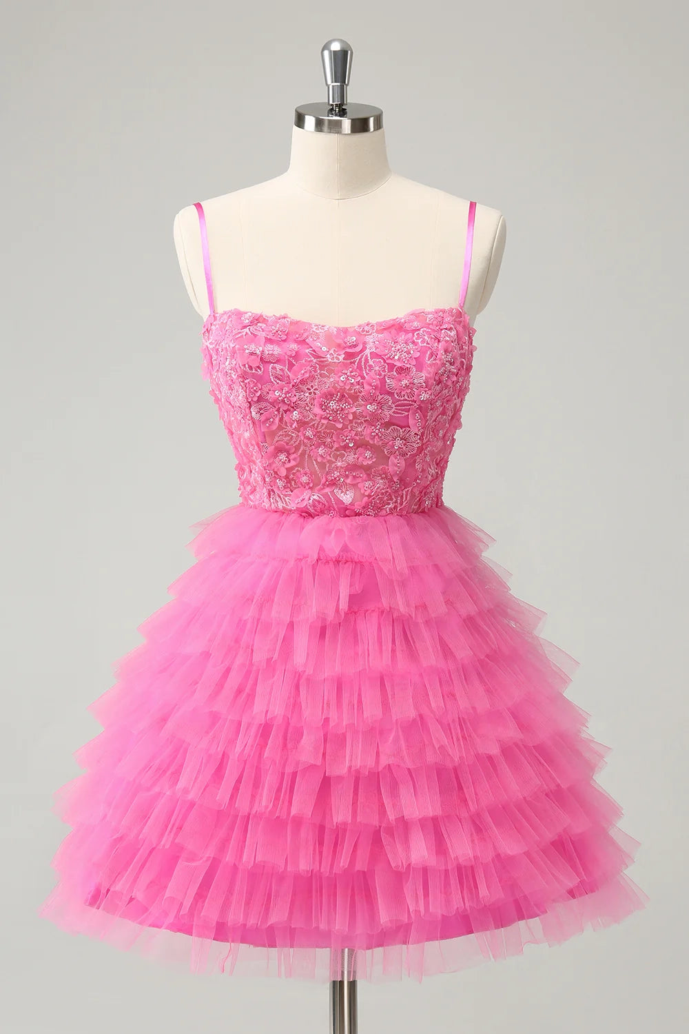 OKBBN Elegant A-line Thin Shoulder Strap Layered Bundle Short Glitter Homecoming Dresses