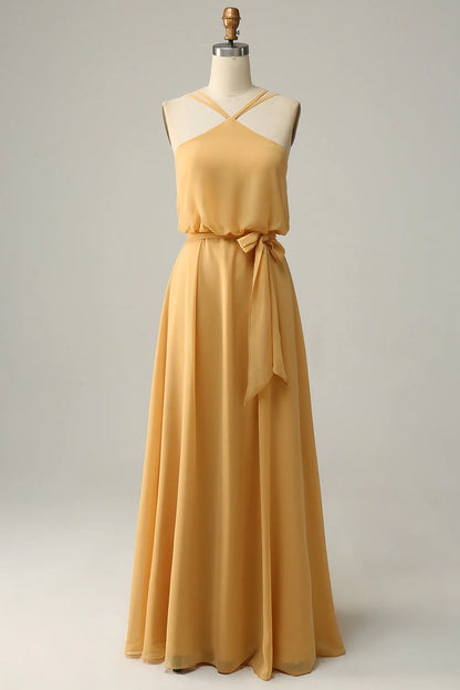 OKBBN Elegant A-line backless long bow Bridesmaid Dresses