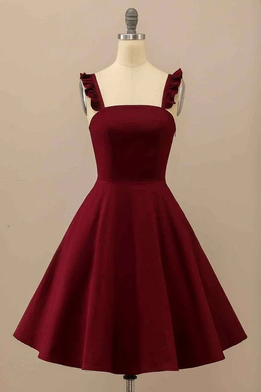 OKBBN Elegant A-line ruffled shoulder strap satin mini Homecoming Dresses