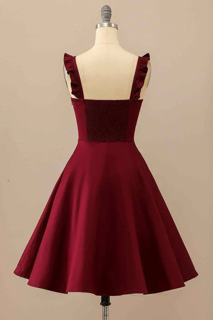 OKBBN Elegant A-line ruffled shoulder strap satin mini Homecoming Dresses