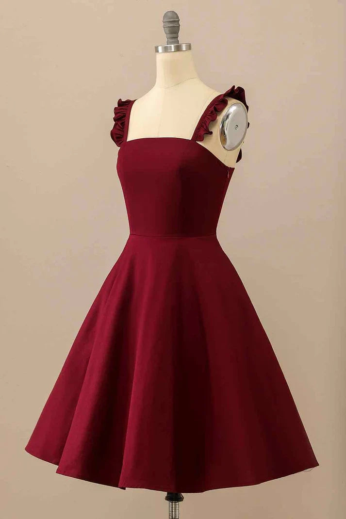 OKBBN Elegant A-line ruffled shoulder strap satin mini Homecoming Dresses