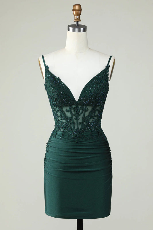 OKBBN Elegant Beaded Strap Tight corset V-neck Homecoming Dresses