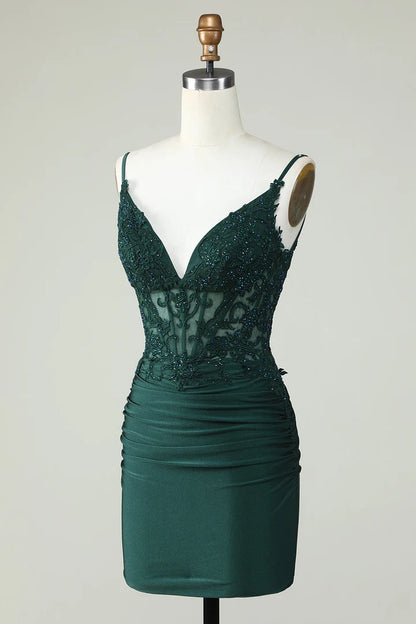 OKBBN Elegant Beaded Strap Tight corset V-neck Homecoming Dresses