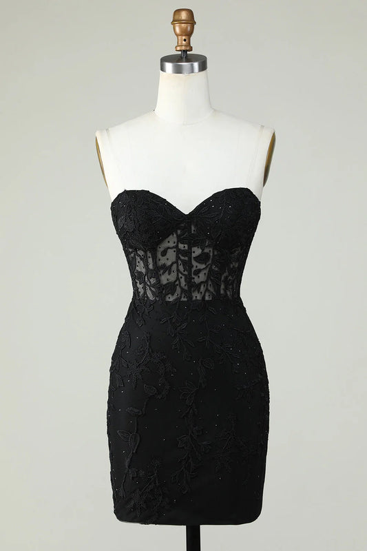 OKBBN Elegant Decal Tight Black Sweetheart Corset Short Homecoming Dresses