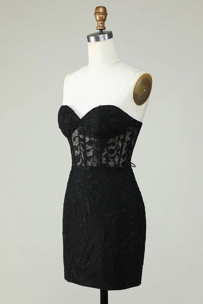 OKBBN Elegant Decal Tight Black Sweetheart Corset Short Homecoming Dresses