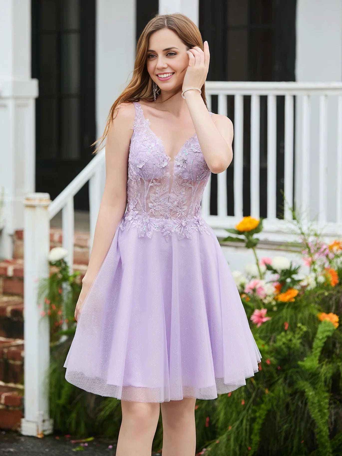 OKBBN Elegant Decal Transparent Top Sleeveless Skirt Homecoming Dresses