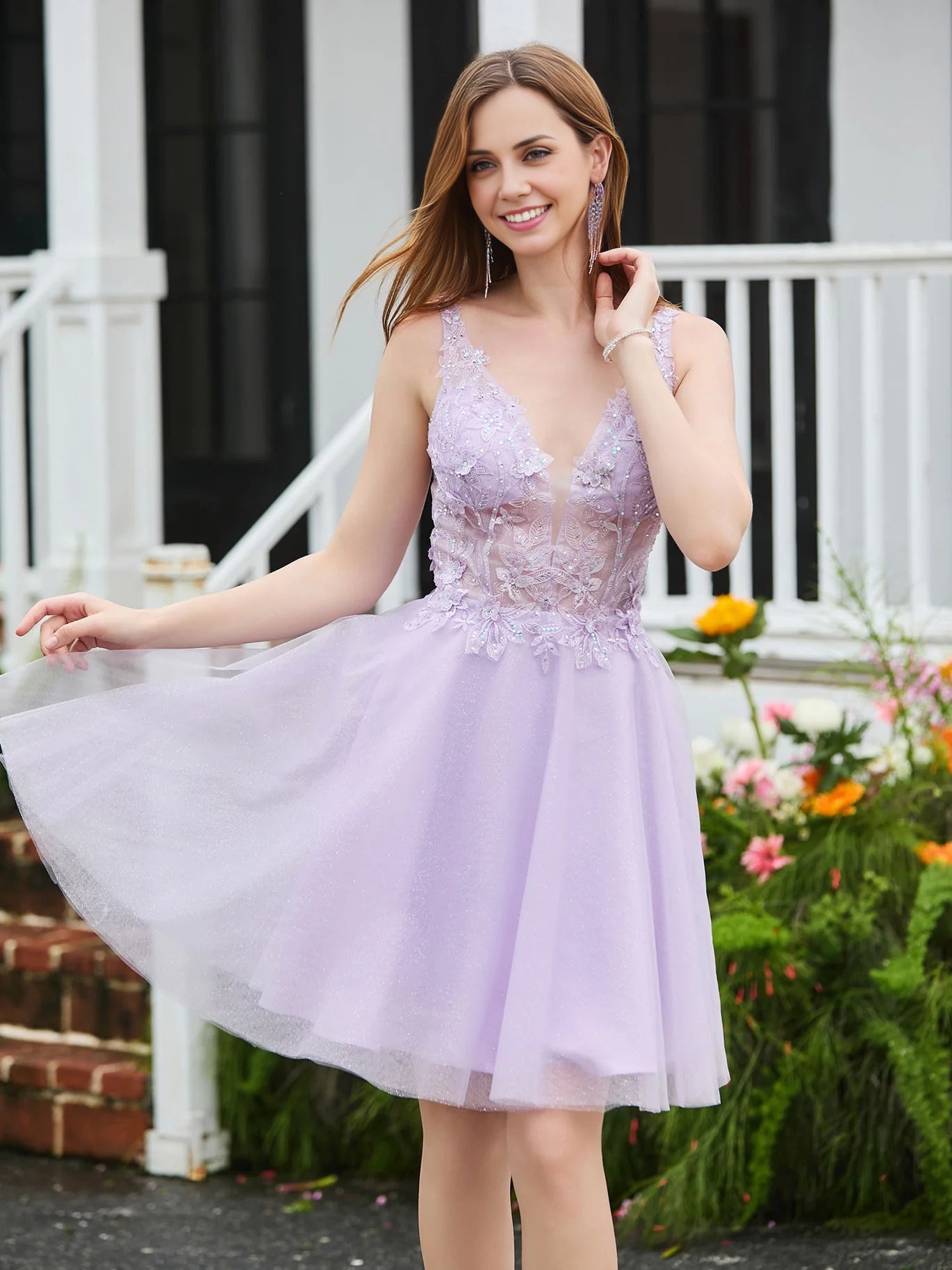 OKBBN Elegant Decal Transparent Top Sleeveless Skirt Homecoming Dresses