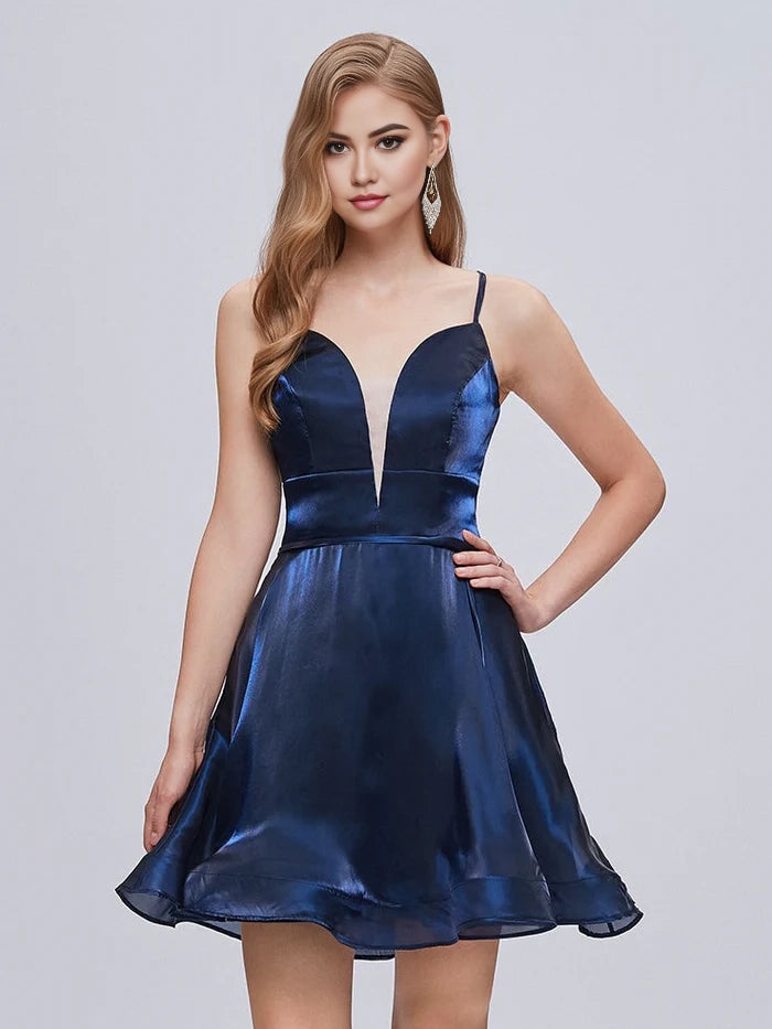 OKBBN Elegant Deep V-neck Thin Shoulder Strap A-line Short Homecoming Dresses