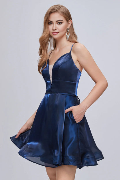 OKBBN Elegant Deep V-neck Thin Shoulder Strap A-line Short Homecoming Dresses
