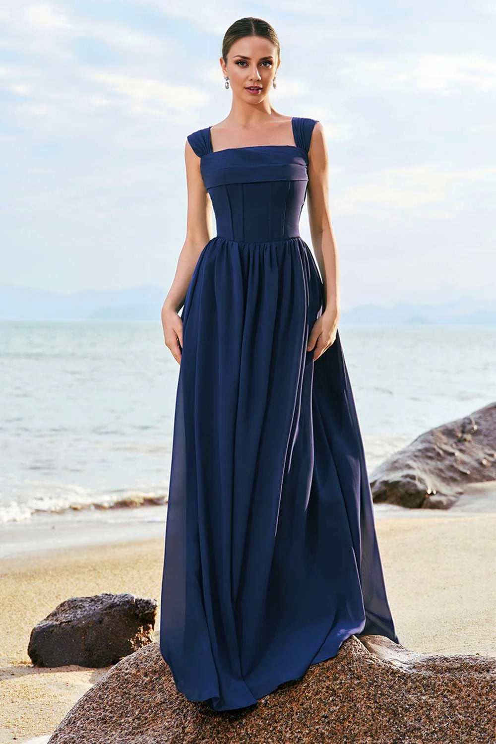 OKBBN Elegant Fashion A-line Square Neck Waist Strap Chiffon Long Bridesmaid Dresses