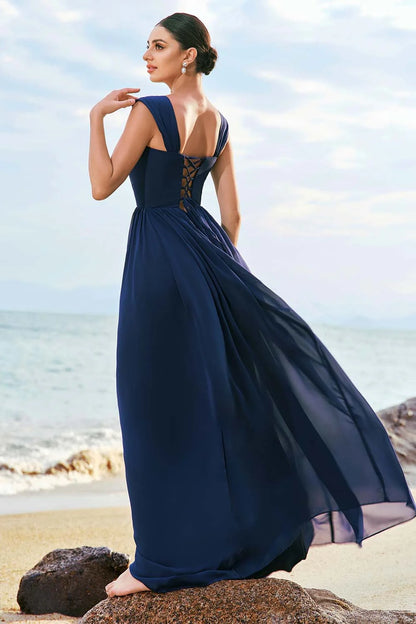 OKBBN Elegant Fashion A-line Square Neck Waist Strap Chiffon Long Bridesmaid Dresses