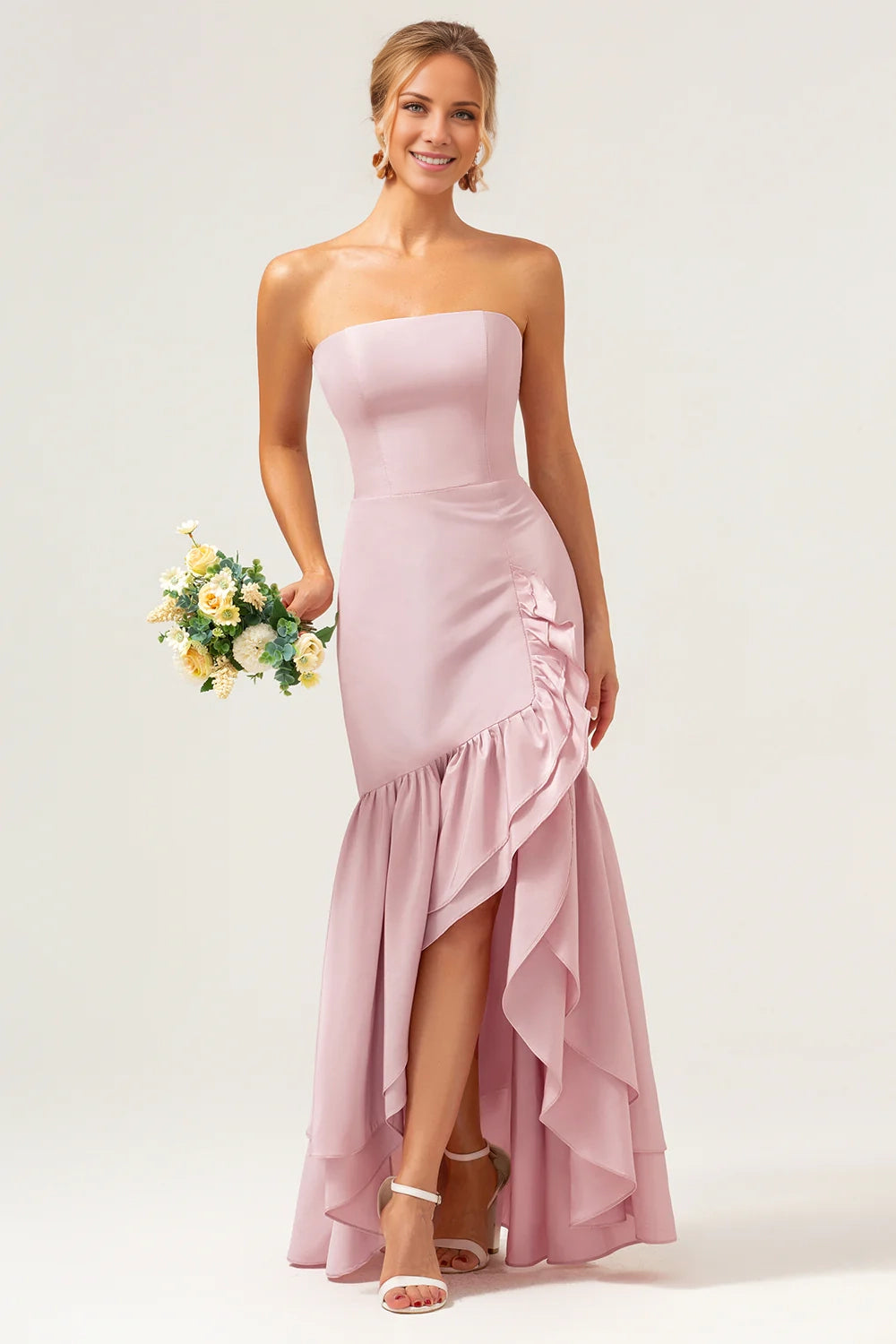OKBBN Elegant Mermaid Off Shoulder Asymmetric Ruffle Edge Split Bridesmaid Dresses