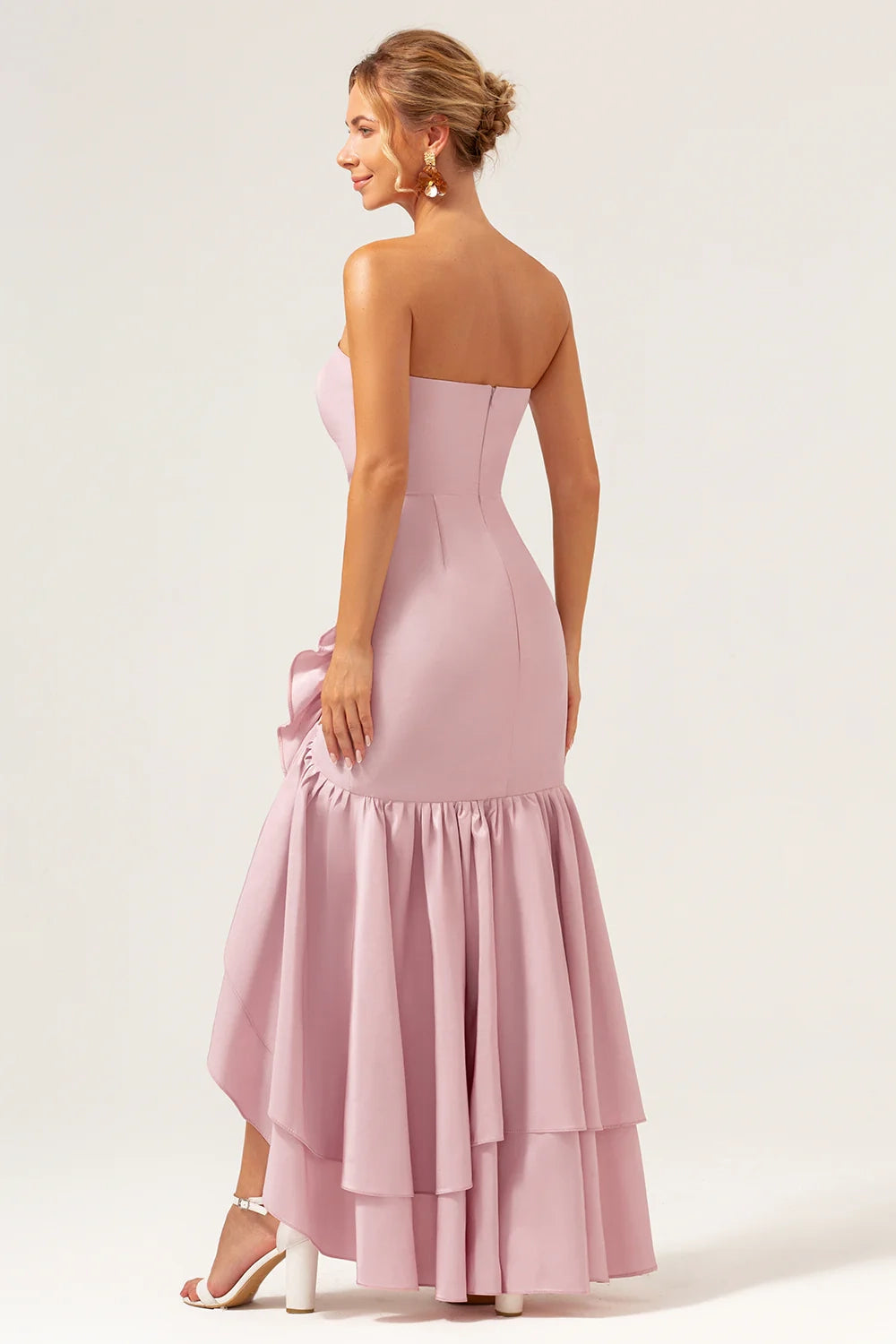 OKBBN Elegant Mermaid Off Shoulder Asymmetric Ruffle Edge Split Bridesmaid Dresses