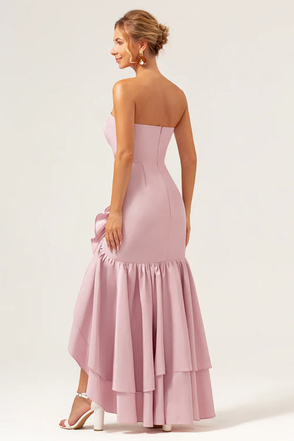 OKBBN Elegant Mermaid Off Shoulder Asymmetric Ruffle Edge Split Bridesmaid Dresses