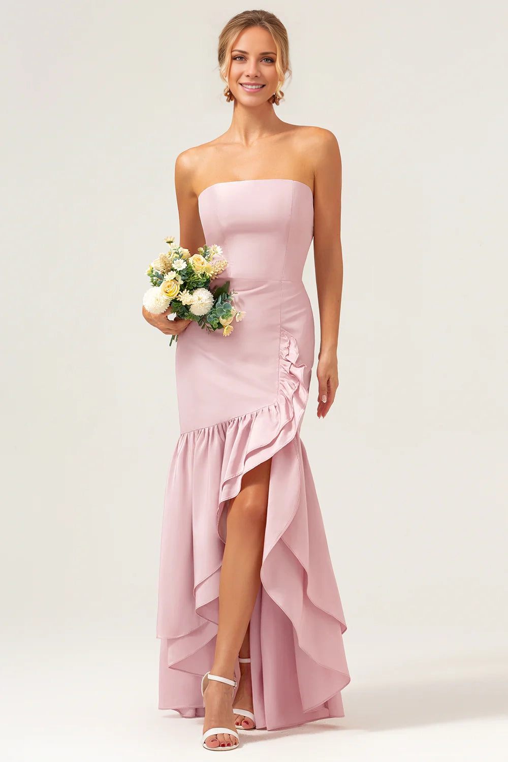 OKBBN Elegant Mermaid Off Shoulder Asymmetric Ruffle Edge Split Bridesmaid Dresses