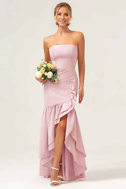 OKBBN Elegant Mermaid Off Shoulder Asymmetric Ruffle Edge Split Bridesmaid Dresses