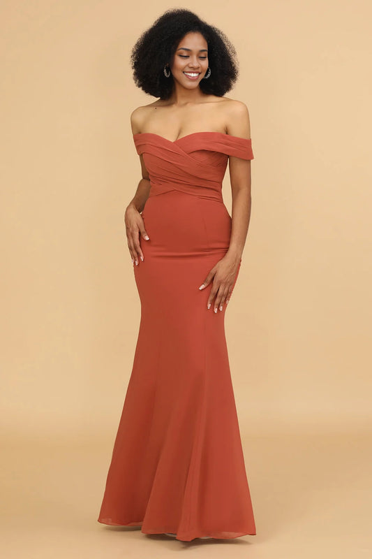 OKBBN Elegant Mermaid Off Shoulder Long Chiffon Bridesmaid Dresses