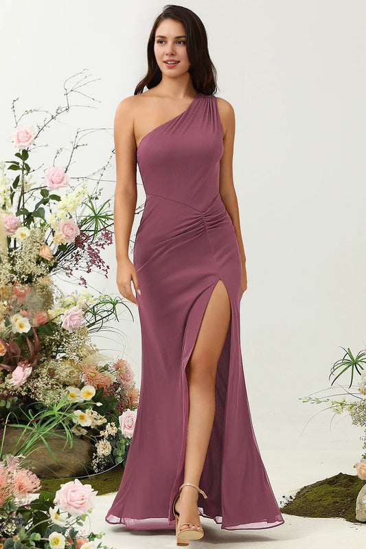 OKBBN Elegant Mermaid One Shoulder Split Long Bridesmaid Dresses