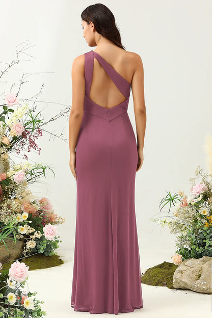 OKBBN Elegant Mermaid One Shoulder Split Long Bridesmaid Dresses