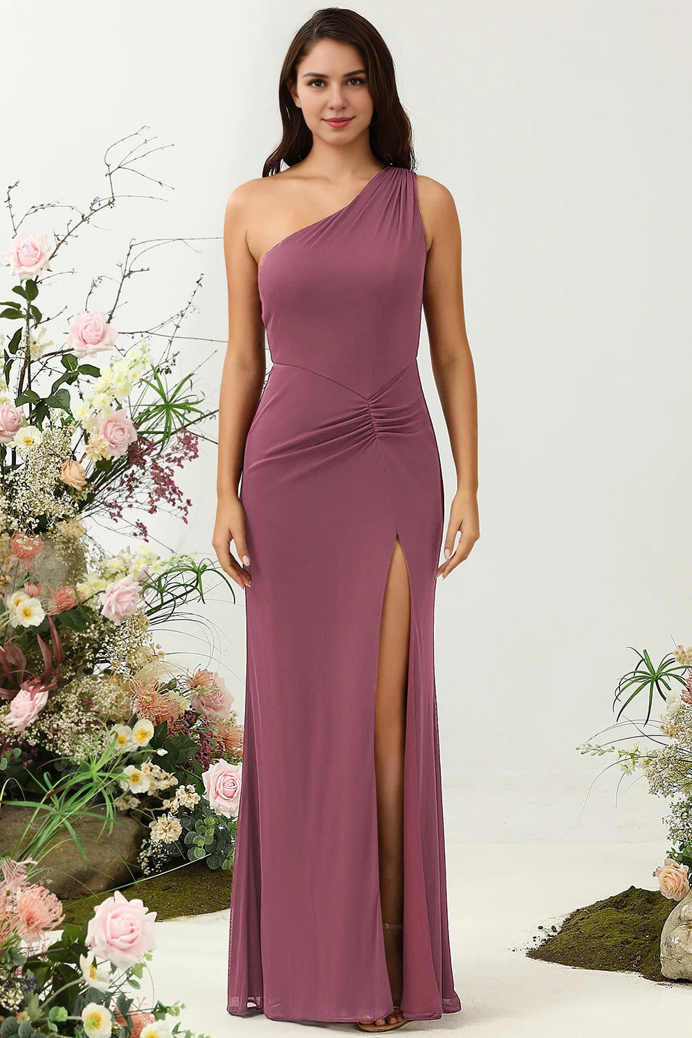 OKBBN Elegant Mermaid One Shoulder Split Long Bridesmaid Dresses